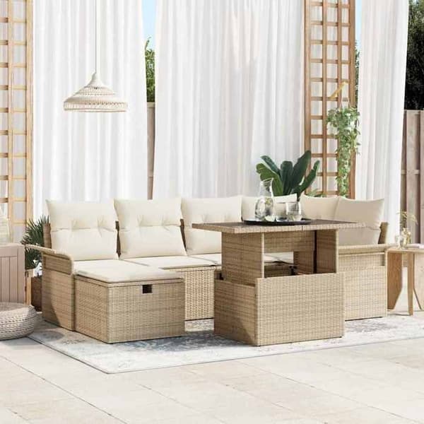 Maison Exclusive - 7 osan beige polyrottinkinen puutarhakalustesetti