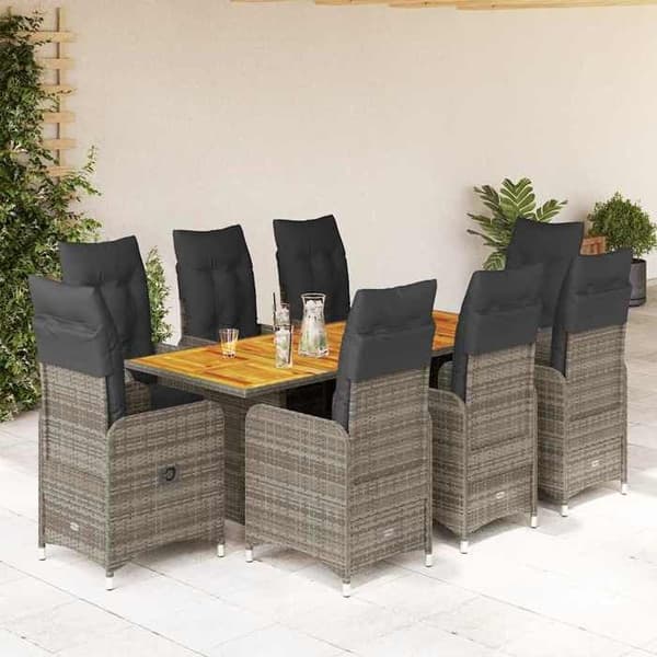 Maison Exclusive - 9 stk. havebistro sæt med grå puder i poly rattan