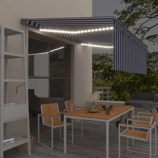 Fällbart tak - EXKLUSIVT HUS - 4,5 x 3 m - Motoriserat - Vindsensor - Inbyggda LED-lampor Blå och vit
