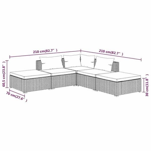 Maison Exclusive - 5-osainen puutarhakalustesarja tyynyillä, harmaa punottu muovi