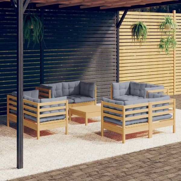 Maison Exclusive - 9-osainen puutarhakalustesarja harmailla tyynyillä, mäntyä Grå (kuddar)
