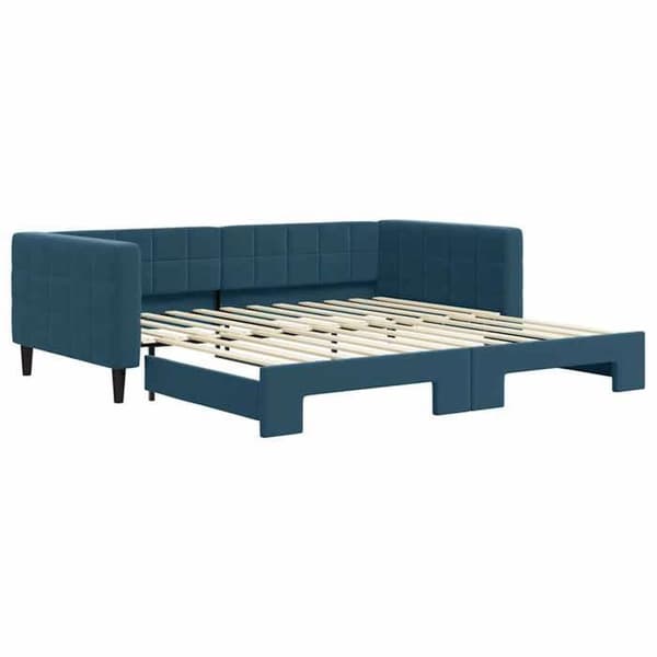 Dagseng - EKSKLUSIV HUS - Seng med udtræk - 100x200 cm - Blå velour - Lamelseng Blå
