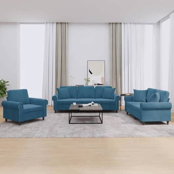 Maison Exclusive - 3 kpl:n sohvasetti sinisillä samettityynyillä