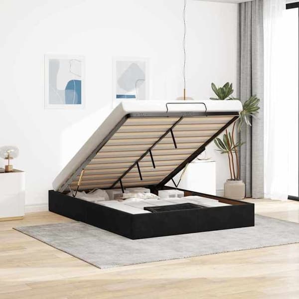 Ottoman sengestel - EKSKLUSIV HUS - 140x190 cm - Sort - Velour - Hydraulisk opbevaring Svart