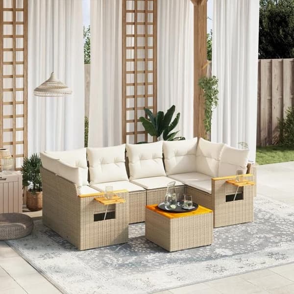Maison Exclusive - Trädgårdsmöbler med kuddar 7 delar beige flätad resin