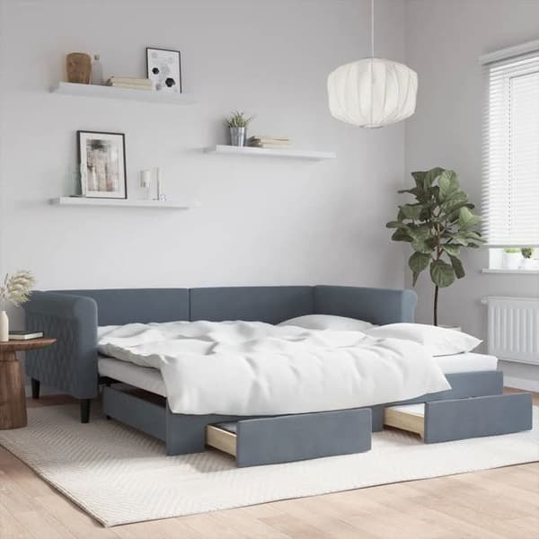 Päivävuode - EXCLUSIVE KOTI - 100x200 cm - Harmaa sametti - 2-in-1 vuode - 2 säilytyslaatikkoa