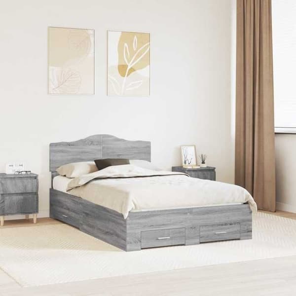 Sengestel - EKSKLUSIV HUS - Grå Sonoma - 120x190 cm - Ingeniørtræ - Indbyggede skuffer Gris Sonoma