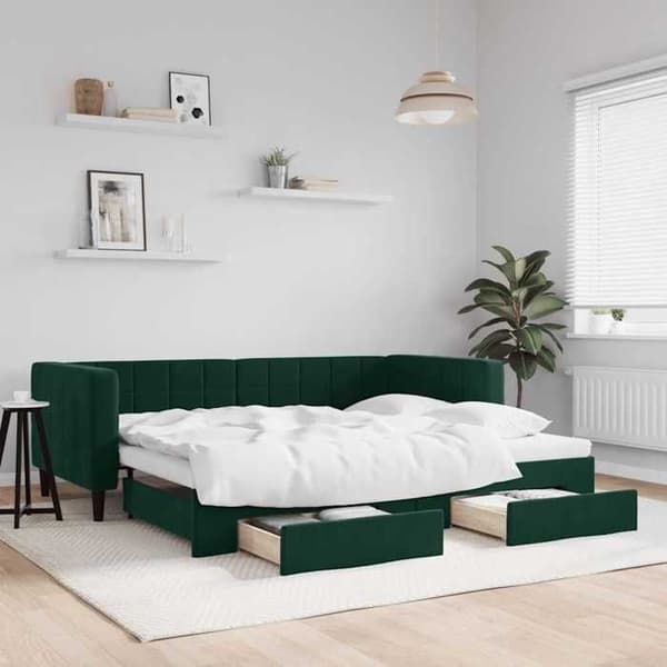 Päivävuode - EXKLUSIIVINEN KOTI - 90 x 200 cm - Vihreä sametti - 2-in-1 vuode - 2 laatikkoa