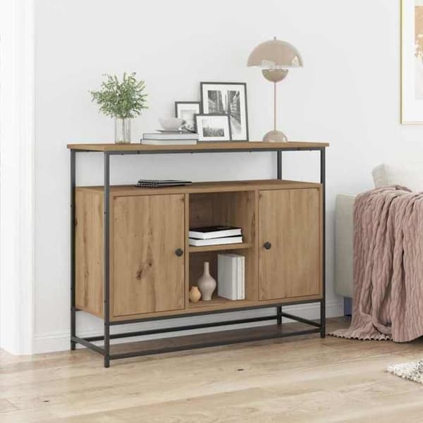 Buffet bas - EKSKLUSIVT HUS - 100 x 35 x 80 cm - Ingeniørtræ - Eg-look - Døre med hængsler