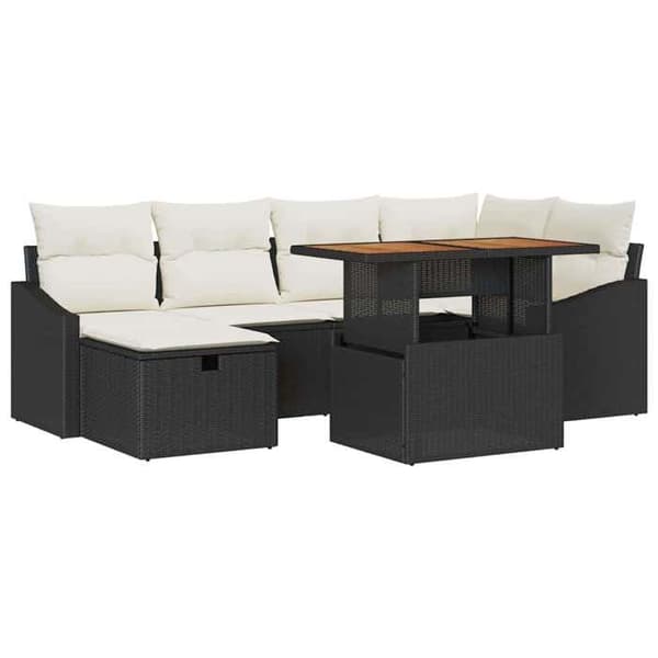 Havemøbler - EKSKLUSIVT HUS - 7 dele sæt - Sort polyrotin - Justerbart bord - Modulært, bløde puder Svart
