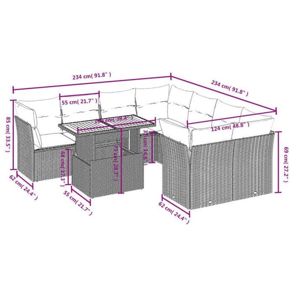 Maison Exclusive - Trädgårdsmöbler 9 delar med grå kuddar i flätad resin