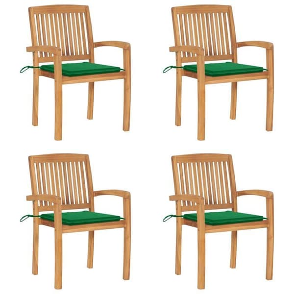 Trädgårdsstolar - Exklusivt Hem - Solid Teak - Stapelbara - Set om 4 med gröna kuddar Grön