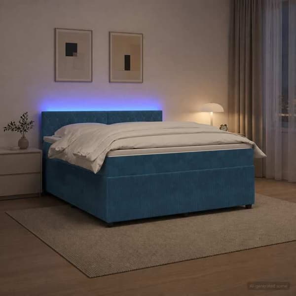 Sengestel med madras - EKSKLUSIV HUS - Boxspring seng - Blå velour - 140 x 200 cm - Justerbar hovedgærde, LED Blå