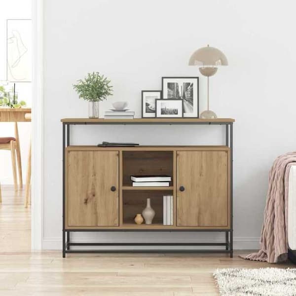 Buffet bas - EKSKLUSIVT HUS - 100 x 35 x 80 cm - Ingeniørtræ - Eg-look - Døre med hængsler