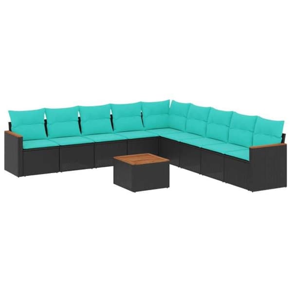 Maison Exclusive - 10-delars trädgårdsoff-set med svarta kuddar i flätad resin