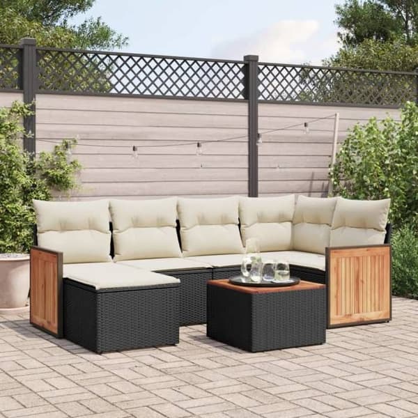 Maison Exclusive - Havegruppe 7 dele med sorte puder i flettet harv