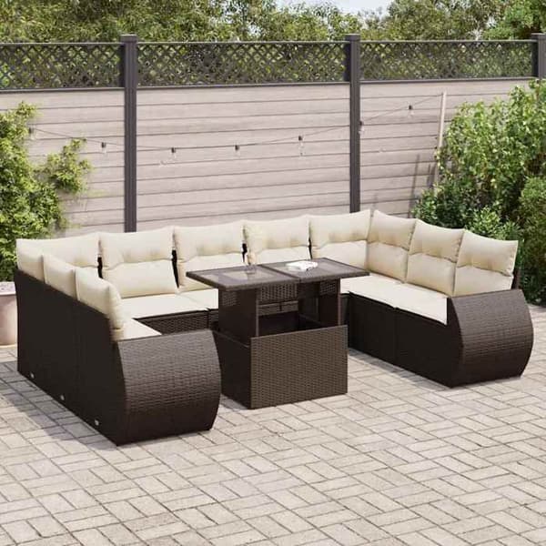 Maison Exclusive - Havegruppe 10 stk med brune puder i flettræ