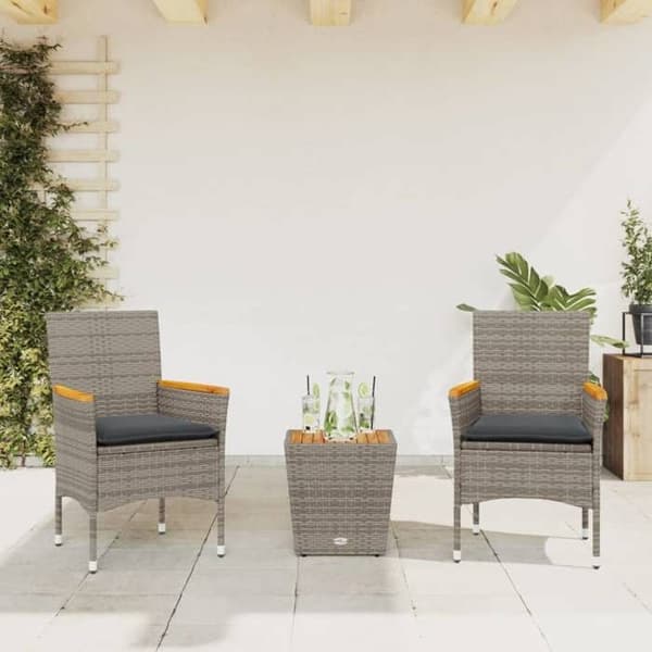 Maison Exclusive - Bistro-setti, jossa on tyynyt, 3 kpl, harmaa, rottinki ja lasi