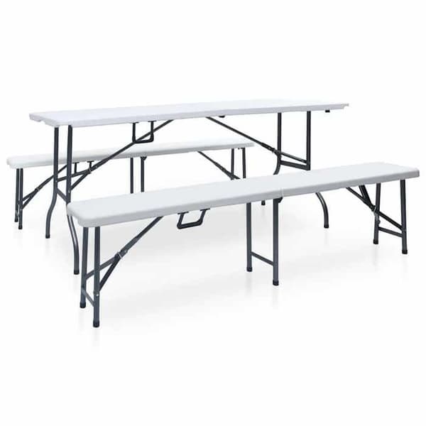 Fällbart bord och 2 bänkar - EXKLUSIV HEM - 180 cm - Målad stål - Hållbar PEHD - Vit Vit