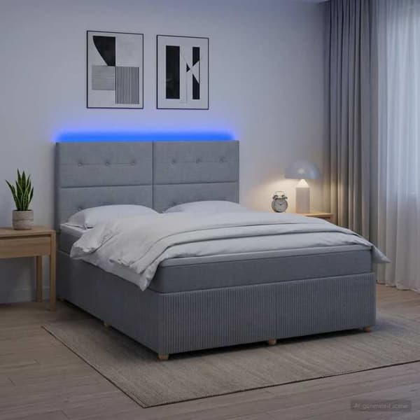 Sengestel med madras - EKSKLUSIV HUS - Boxspring seng med LED - 140 x 200 cm - Lys grå - Stof Ljusgrått