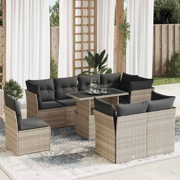 Maison Exclusive - Trädgårdsmöbler 9 delar med ljusgrå kuddar i flätad resin ljusgrått
