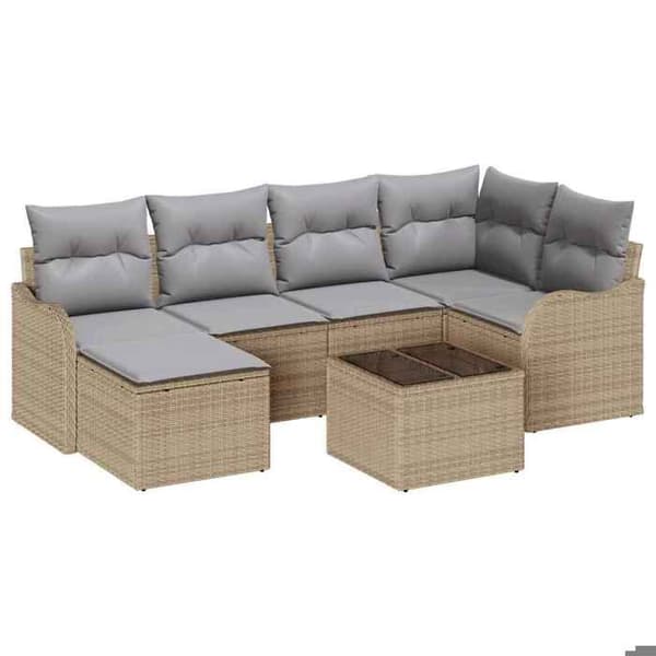 Modulär trädgårdssoffa - EXKLUSIV HEM - 7 delar - Beige & ljusgrå - Poly rattan - Behandlad stålram Beige och ljusgrå