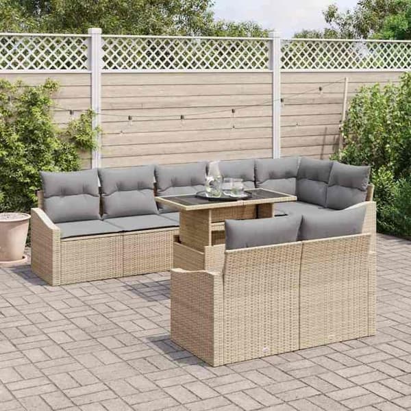 Maison Exclusive - 9 osan beige ja vaaleanharmaa polyrottinkinen puutarhakalustesetti