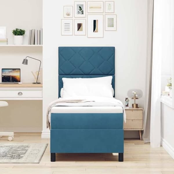 Sengestel - EKSKLUSIV HUS - 80 x 200 cm - Mørkeblå velour - Justerbar hovedgærde - Pocketfjedre Mörkblå