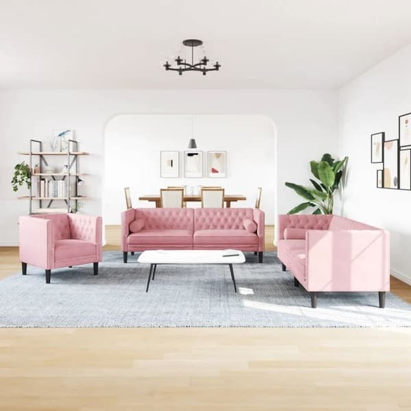 Maison Exclusive - Chesterfield-soffgrupp med 3 delar i rosa sammet Rosa (sammet)