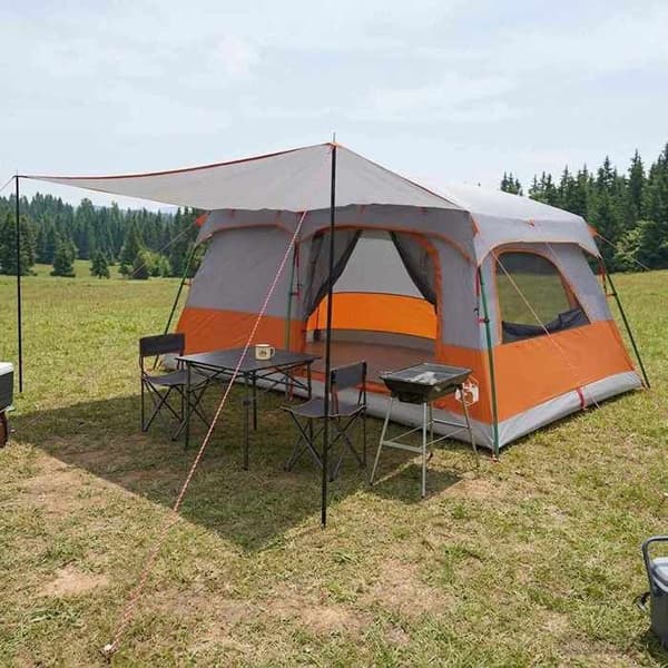 Familjetält - EXKLUSIVT HUS - 14 platser - Grå och orange - Polyester och stål - Fällbart, väderbeständigt