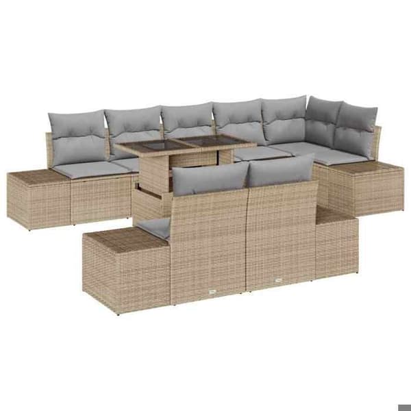 Maison Exclusive - 9 osan beige ja vaaleanharmaa polyrottinkinen puutarhakalustesetti