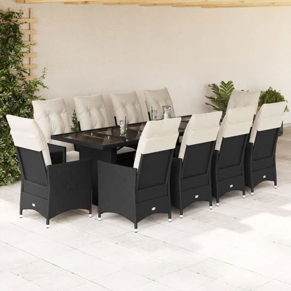 Maison Exclusive - Havebistro sæt 11 dele med sorte puder i poly rattan Svart