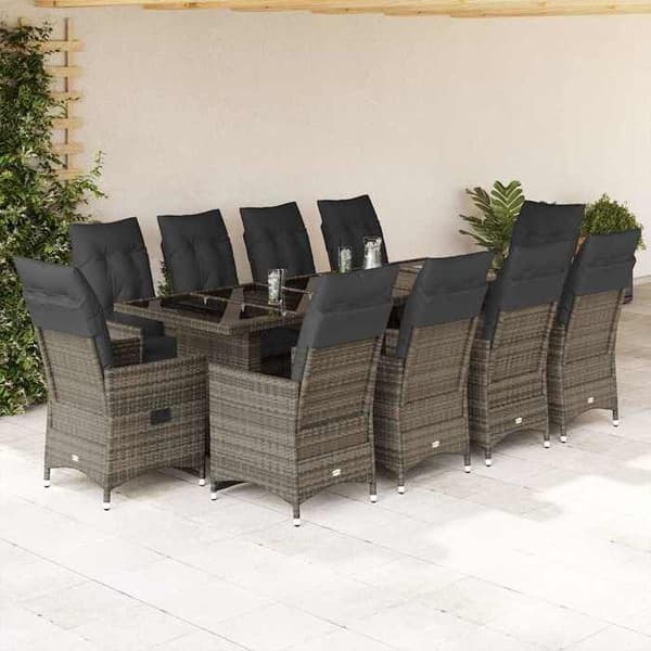 Maison Exclusive - Havebistro sæt 11 dele med grå puder i poly rattan