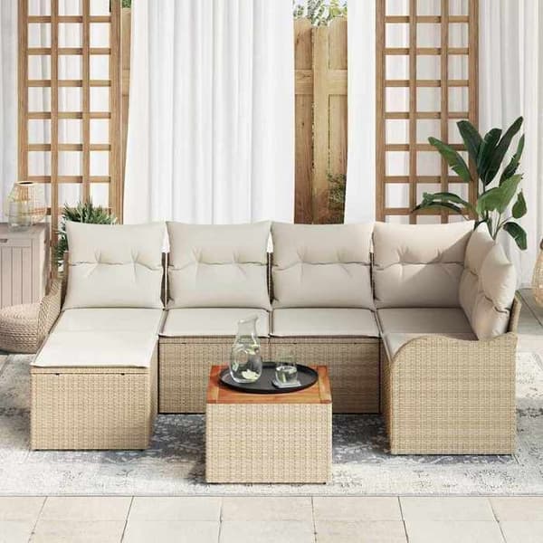 Maison Exclusive - 7 osan beige ja kerma polyrottinkinen puutarhakalustesetti
