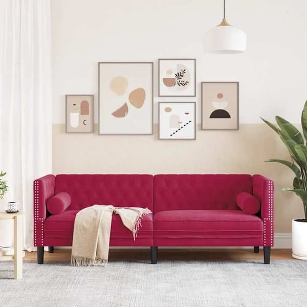 Divaani - MAISON EXCLUSIVE - Chesterfield - Punainen sametti - 3 paikkaa - Tyynyt mukana