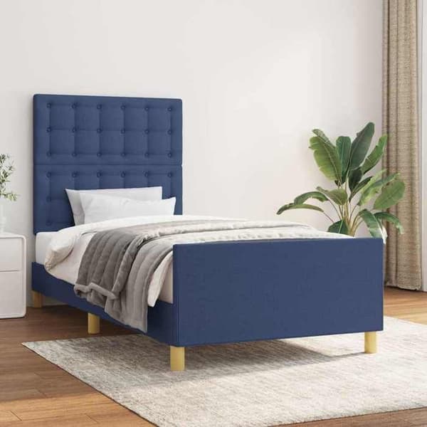 Sengestel - EKSKLUSIV HUS - 100x200 cm - Blå stof - Justerbar hovedgærde - Lamelseng Blå