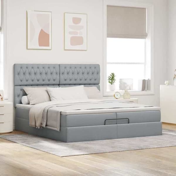Sängram ottoman - 200x200cm - Ljusgrå - Tyg - Madrass ingår ljusgrått