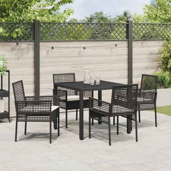 Sæt med bord og stole - EKSKLUSIV HUS - 5 dele - Sort - Poly rattan - Tempereret glasplade Svart