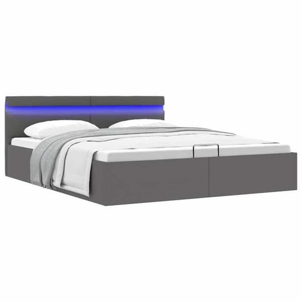 Sengestel - EKSKLUSIV HUS - Hydraulisk - 160x200 cm - Grå kunstlæder - Opbevaringskasse & LED Grå (similskinn)