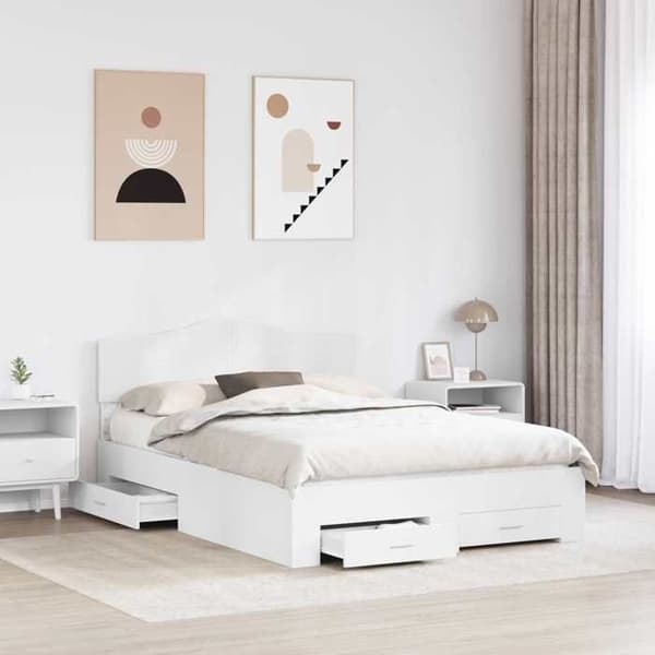 Sengestel - EKSKLUSIV HUS - 140 x 200 cm - Hvid - Ingeniørtræ - Indbyggede skuffer Vit