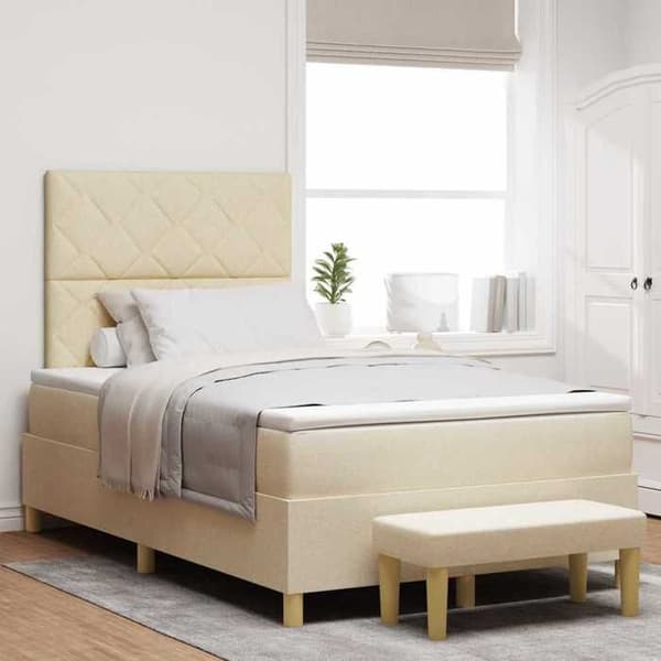 Sengestel med madras - EKSKLUSIV HUS - 200 x 120 cm - Creme - Polyester hovedgærde - Medium-fast skummadras Grädde