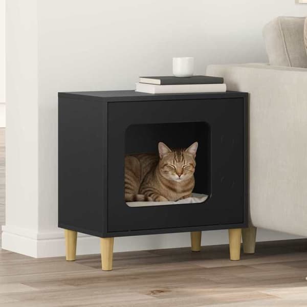 Kattemiljø - EKSKLUSIVT HUS - 51 x 30 x 52 cm - Ingeniørtræ - Sort - Moderne design Svart