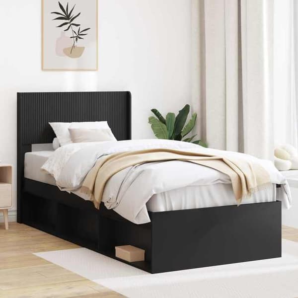 Sengestel - EKSKLUSIV HUS - 100 x 200 cm - Sort - Indbygget opbevaring - Hovedgærde - Lameller Svart