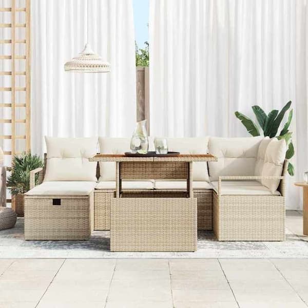 Maison Exclusive - 7-delars trädgårdsoff-set i beige polyrotting