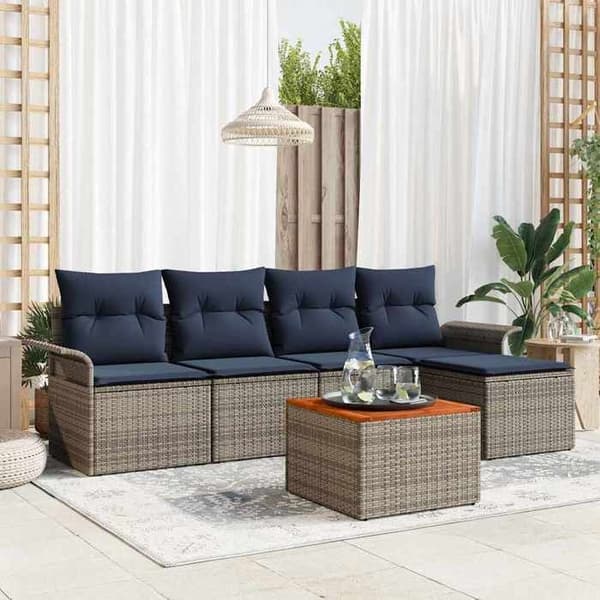 Modulær have-sofa - EKSKLUSIV HUS - Sæt med 6 dele - Poly rattan - Grå & marineblå - Akacietræ bord Grå och marinblå