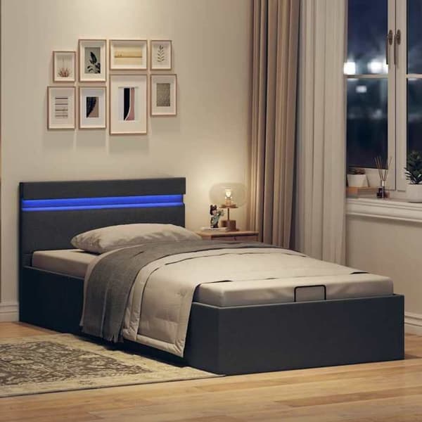 Sengestel med hydraulisk opbevaring - EKSKLUSIV HUS - 90x200 - Grå - Justerbar LED - USB-stik