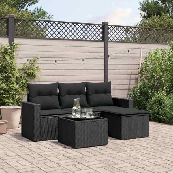 Maison Exclusive - Havegruppe 5 stk med sorte puder i flettet harv