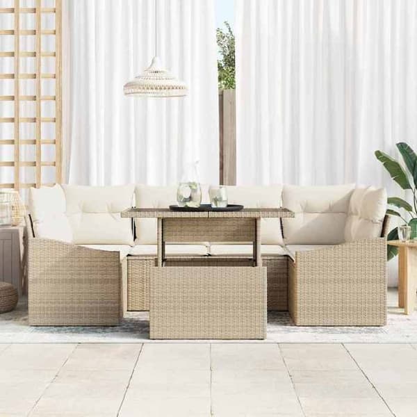 Modulär trädgårdsoffa - EXKLUSIVT HEM - Modulär - Beige och kräm - 7 delar - Polyrotting/stål Beige och kräm