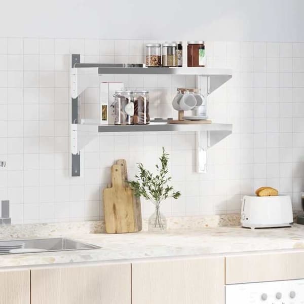 Væghylde - EKSKLUSIV HUS - 2 niveauer - 75 x 30 x 60 cm - Rustfrit stål - Sølvfarvet Silver