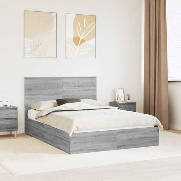 Sengestel - EKSKLUSIV HUS - Grå Sonoma 150 x 200 cm - Ingeniørtræ - Indbyggede skuffer - Lamelseng Gris Sonoma